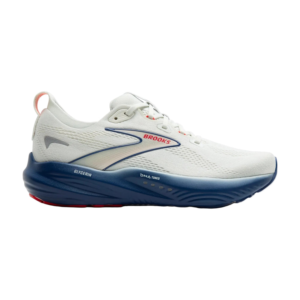Men's Brooks Glycerin 22. White upper. Navy midsole. Lateral view.