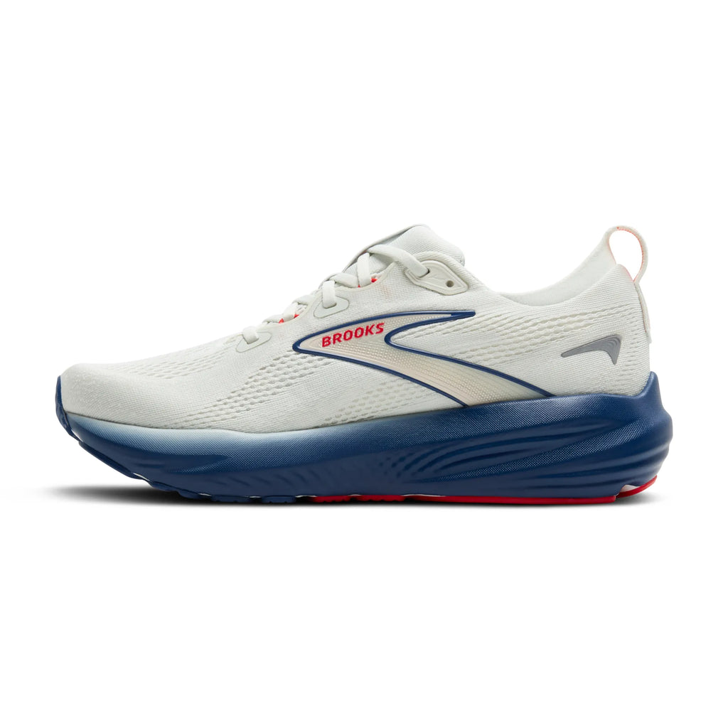 Men's Brooks Glycerin 22. White upper. Navy midsole. Medial view.