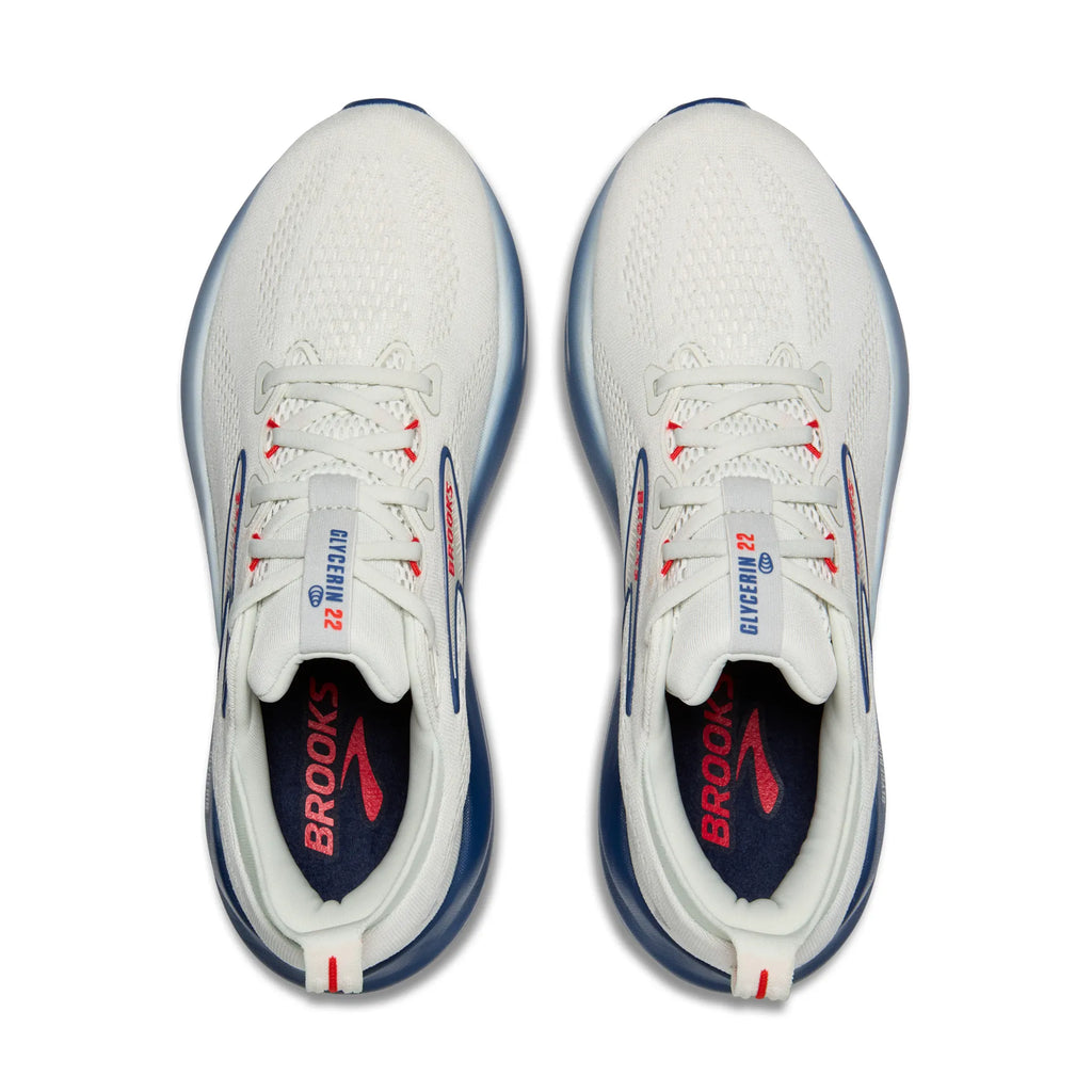 Men's Brooks Glycerin 22. White upper. Navy midsole. Top view.