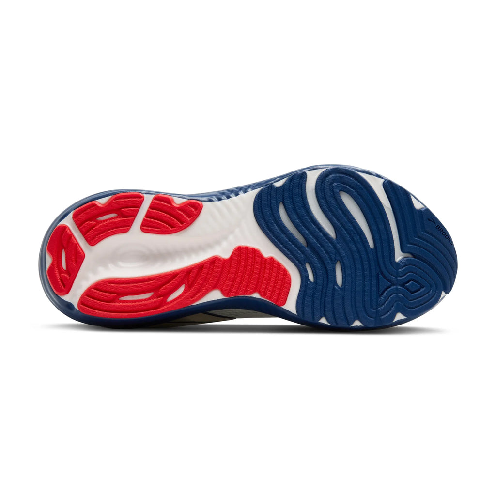 Men's Brooks Glycerin 22. White upper. Navy midsole. Bottom view.