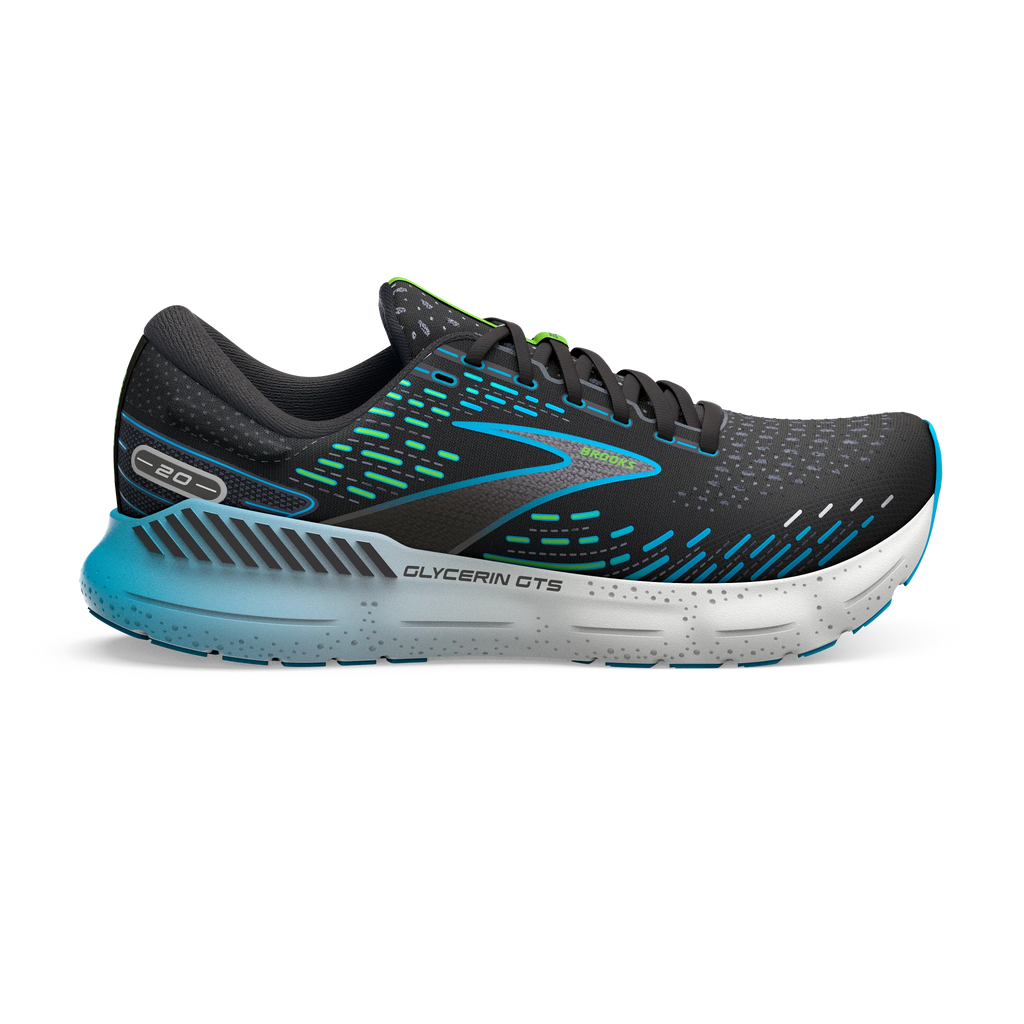 Men's Brooks Glycerin GTS 20. Black upper. White midsole. Lateral view.