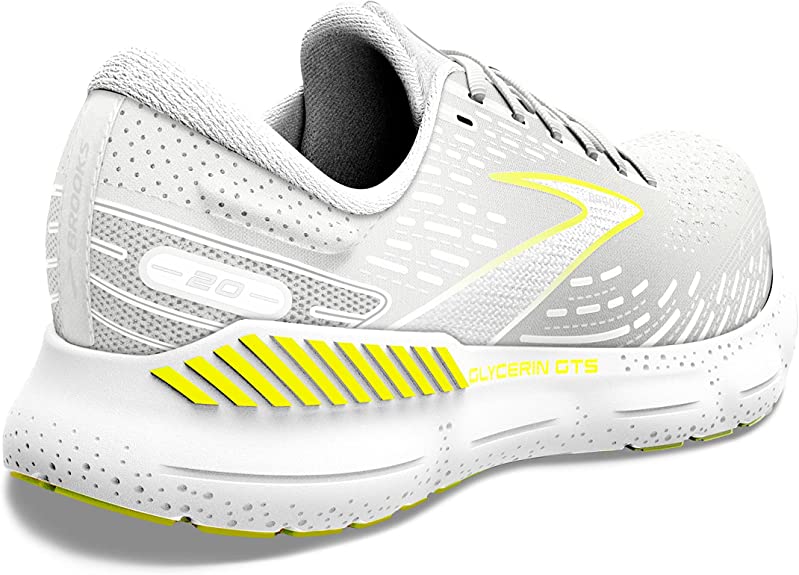 Men's Brooks Glycerin GTS 20. White upper. White midsole. Rear/Lateral view.