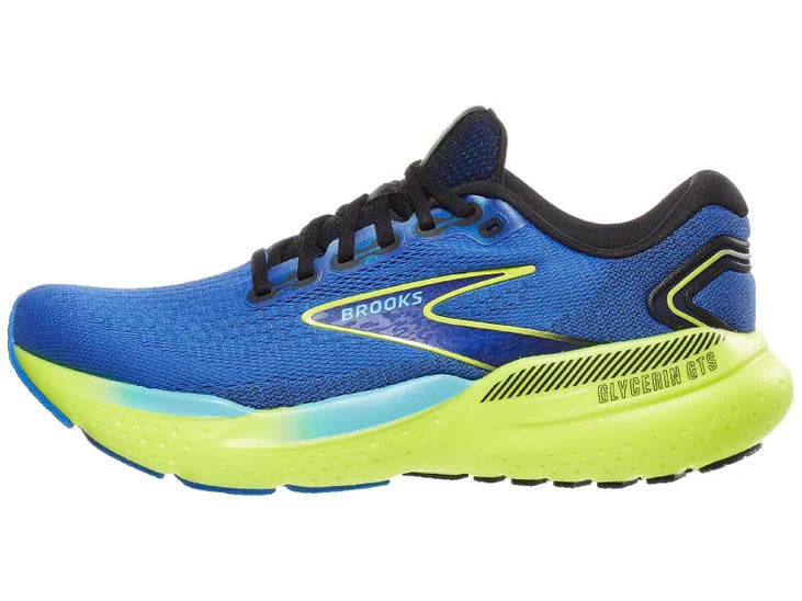 Men's Brooks Glycerin GTS 21. Blue upper. Yellow midsole. Lateral view.