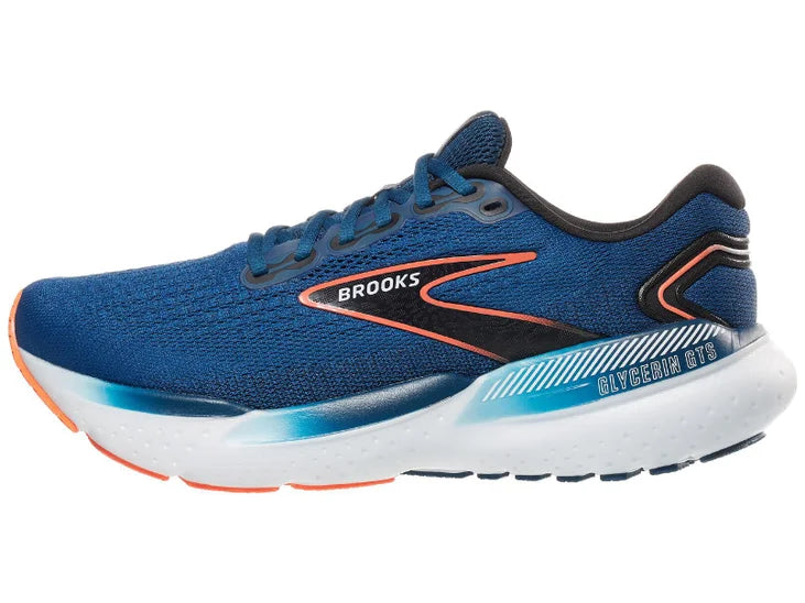 Men's Brooks Glycerin GTS 21. Blue upper. White midsole. Lateral view.