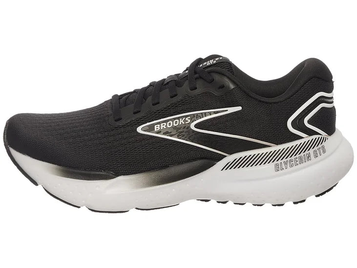 Men's Brooks Glycerin GTS 21. Black upper. White midsole. Lateral view.
