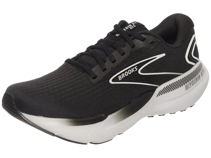 Men's Brooks Glycerin GTS 21. Black upper. White midsole. Lateral view.