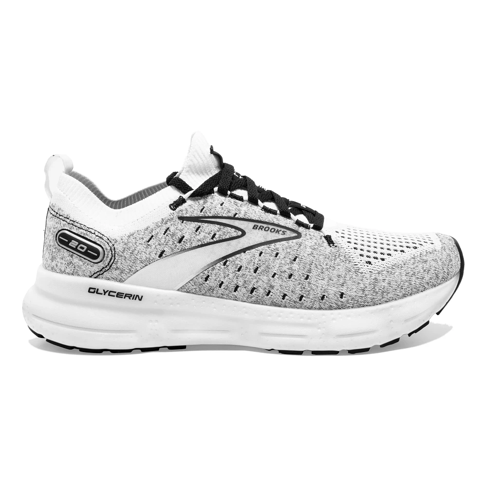 Men's Brooks Glycerin Stealthfit 20. Grey upper. White midsole. Lateral view.
