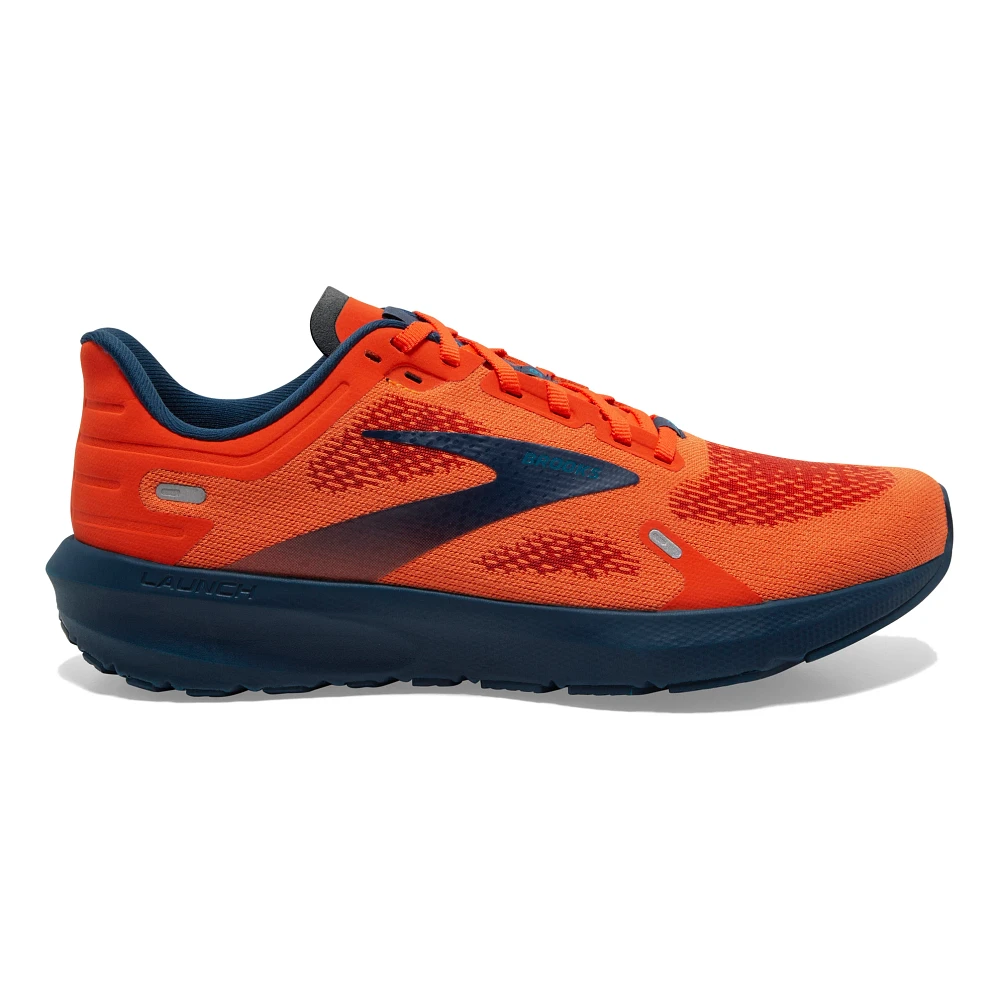 Men's Brooks Launch 9. Orange/Red upper. Navy midsole. Lateral view.