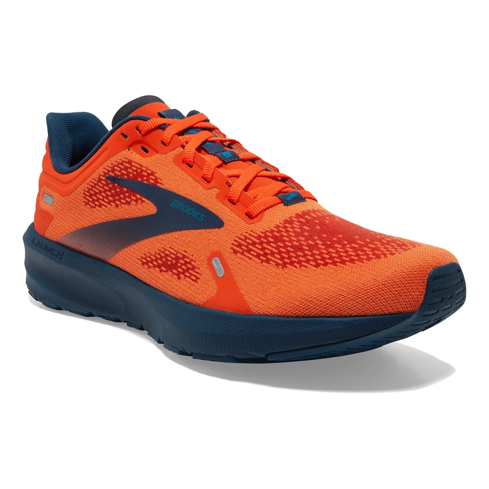 Men's Brooks Launch 9. Orange/Red upper. Navy midsole. Front/Lateral view.