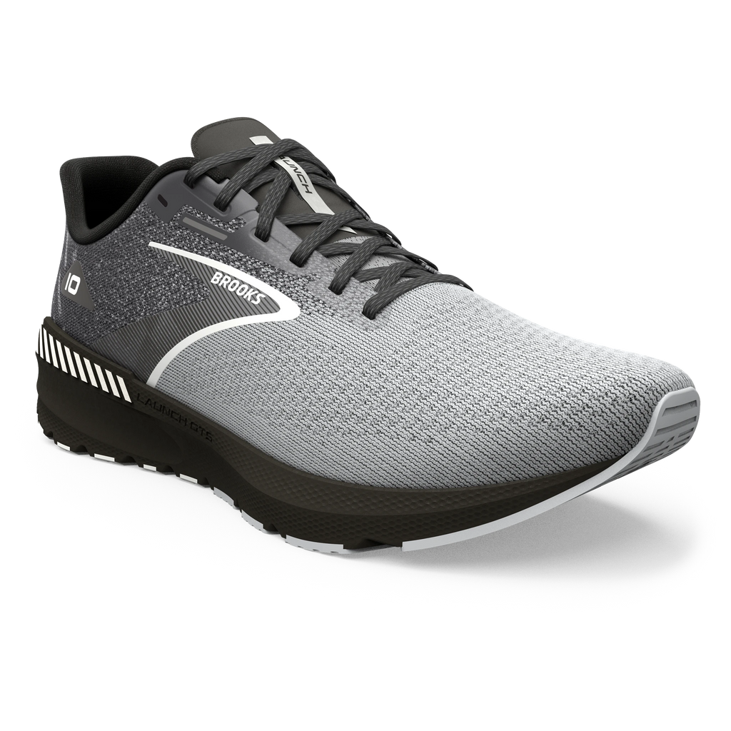 Men's Brooks Launch GTS 10. Grey upper. Black midsole. Front/Lateral view.