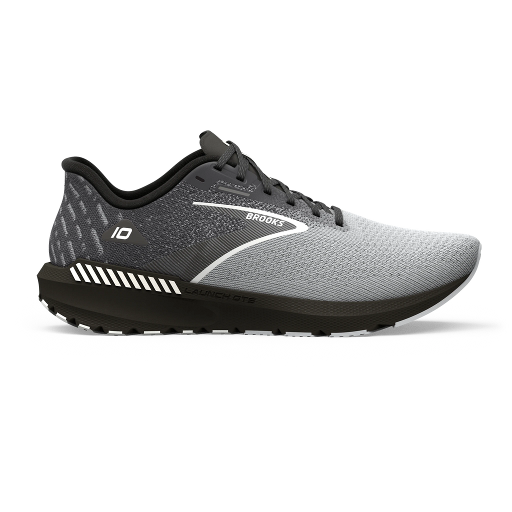 Men's Brooks Launch GTS 10. Grey upper. Black midsole. Lateral view.