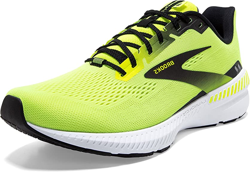 Men's Brooks Launch GTS 8. Yellow upper. White midsole. Front/Lateral view.