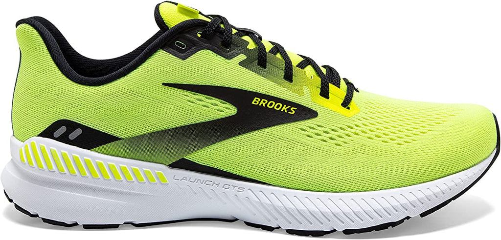 Men's Brooks Launch GTS 8. Yellow upper. White midsole. Lateral view.
