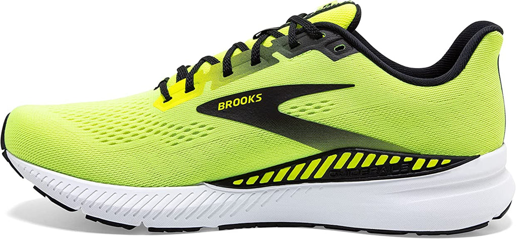 Men's Brooks Launch GTS 8. Yellow upper. White midsole. Medial view.