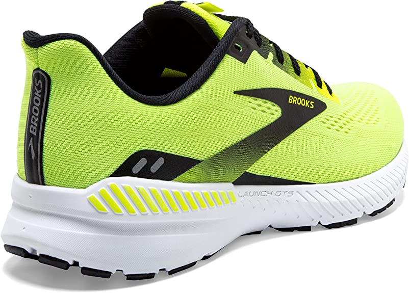 Men's Brooks Launch GTS 8. Yellow upper. White midsole. Rear/Lateral view.