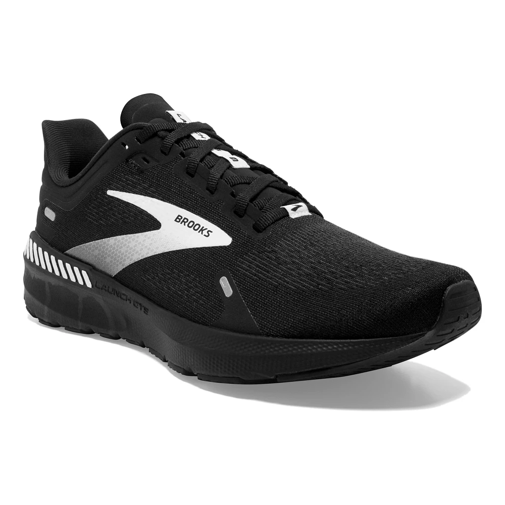 Men's Brooks Launch GTS 9. Black upper. Black midsole. Front/Lateral view.