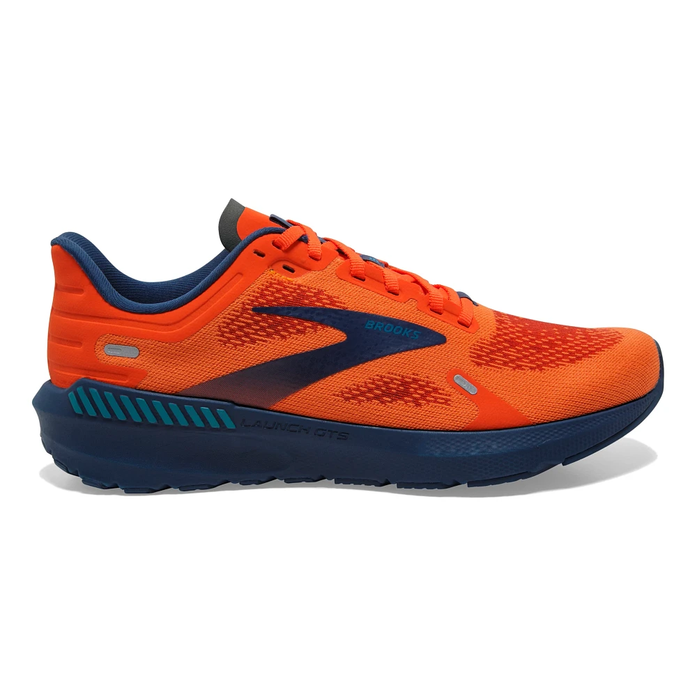 Men's Brooks Launch GTS 9. Orange/Red upper. Navy midsole. Lateral view.