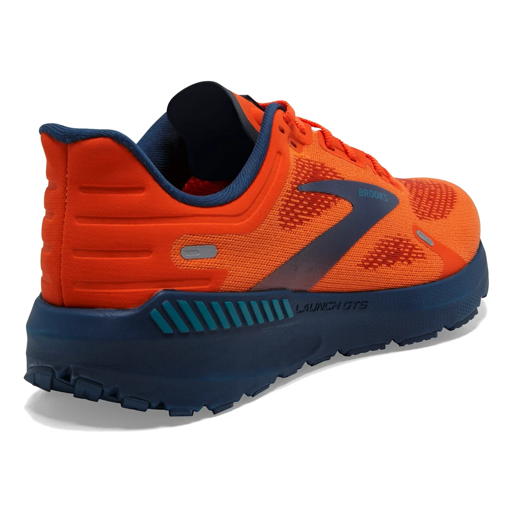 Men's Brooks Launch GTS 9. Orange/Red upper. Navy midsole. Rear/Lateral view.