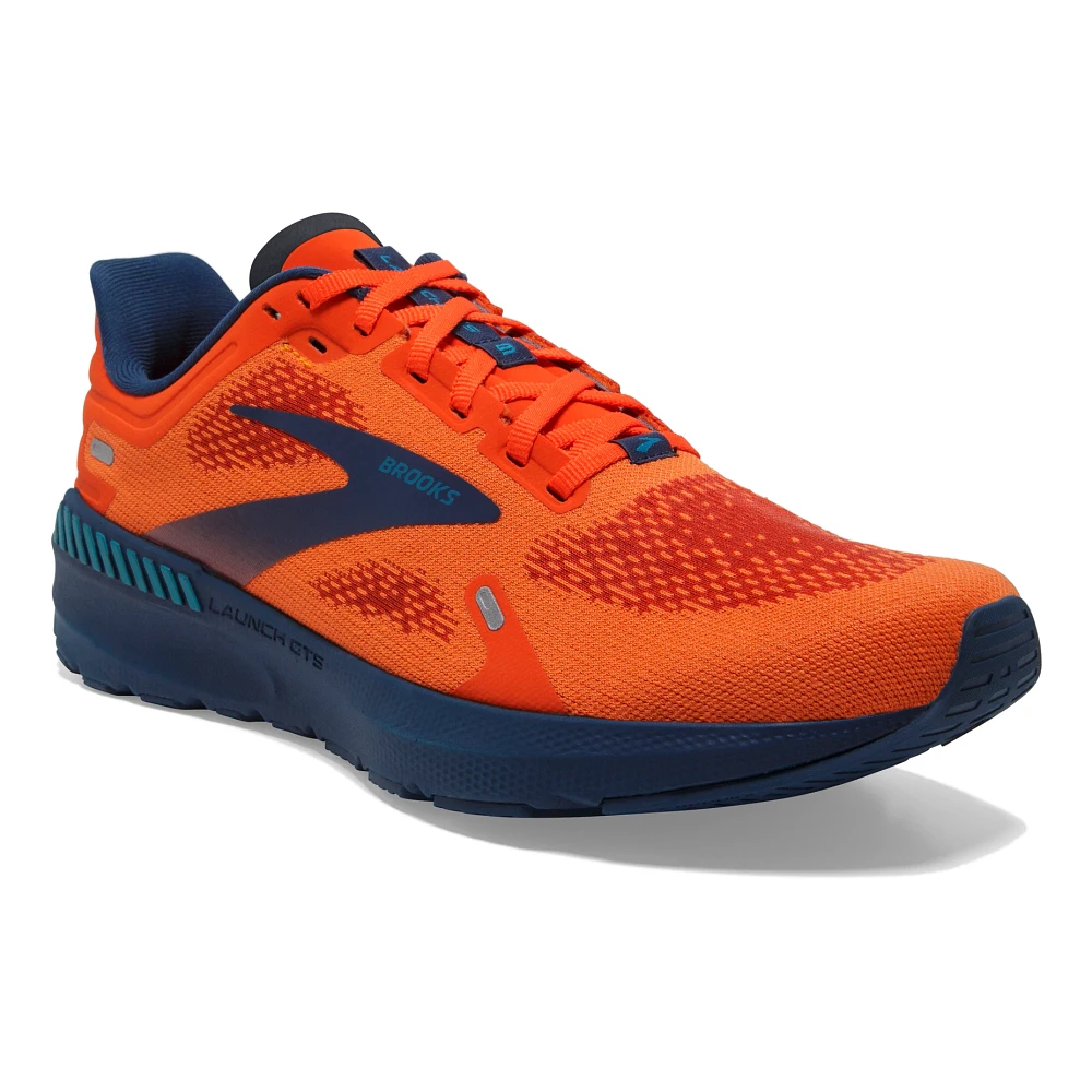 Men's Brooks Launch GTS 9. Orange/Red upper. Navy midsole. Front/Lateral view.