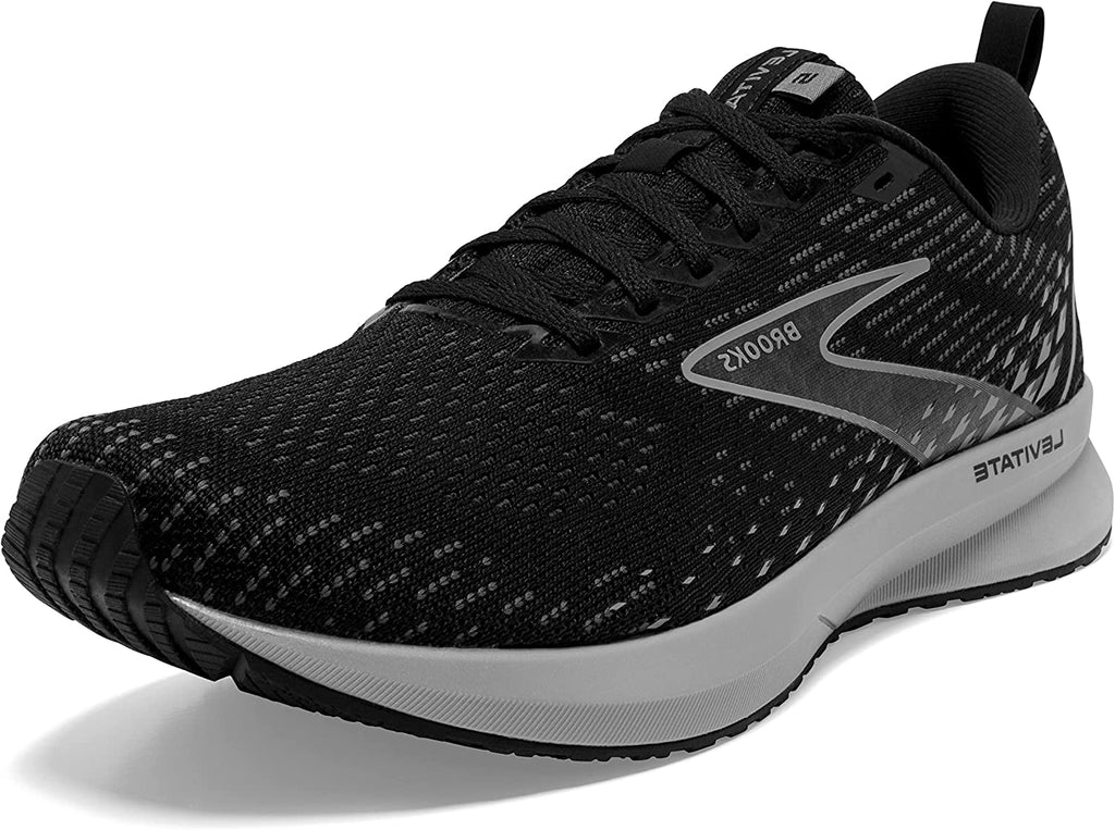 Men's Brooks Levitate 5. Black upper. Grey midsole. Front/Lateral view.