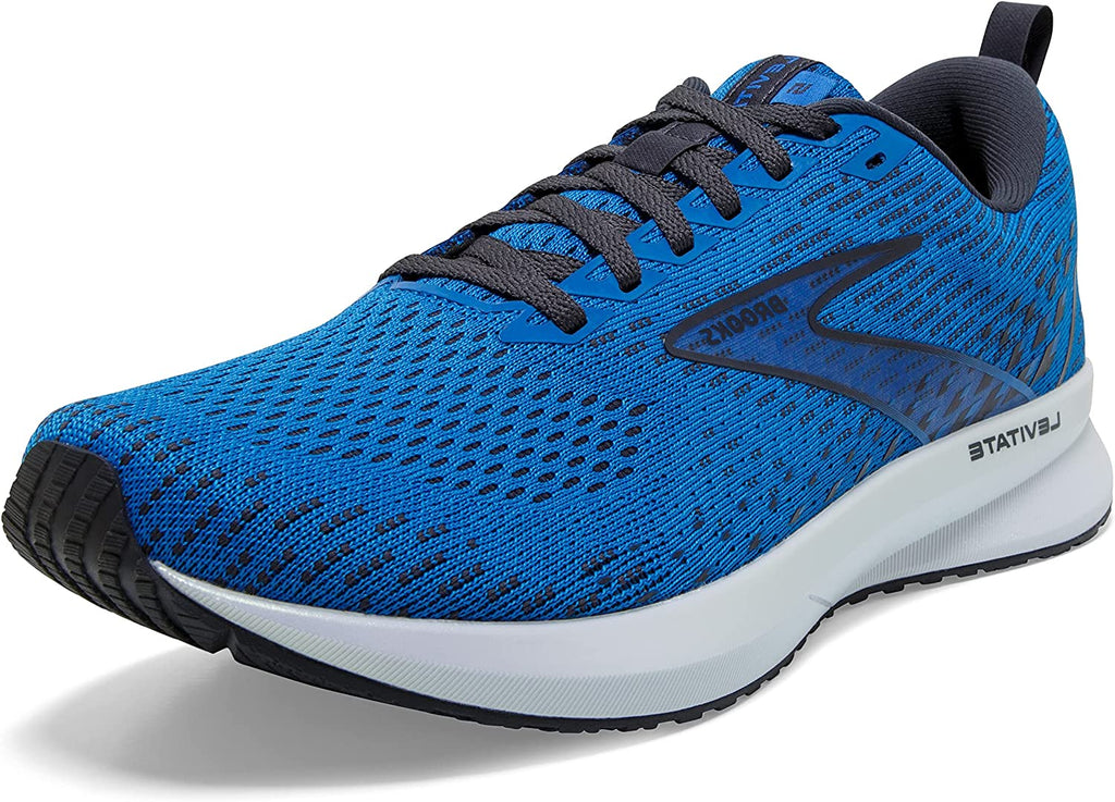 Men's Brooks Levitate 5. Blue upper. White midsole. Front/Lateral view.