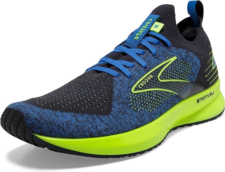Men's Brooks Levitate Stealthfit 5. Blue/Black upper. Yellow midsole. Front/Lateral view.