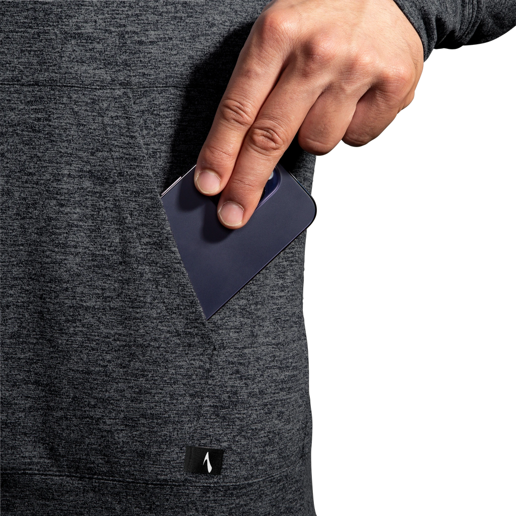 Men's Brooks Luxe Hoodie. Black. Pocket closeup
