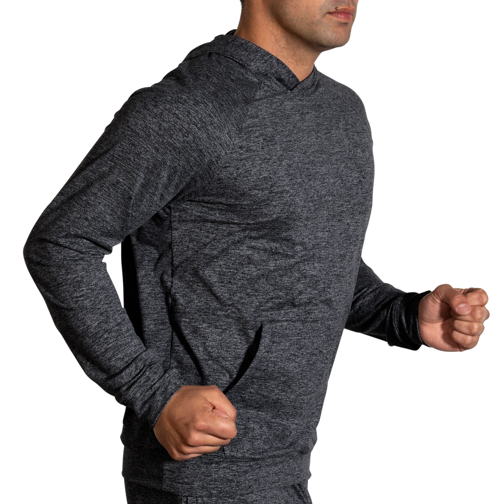 Men's Brooks Luxe Hoodie. Black. Lateral view.