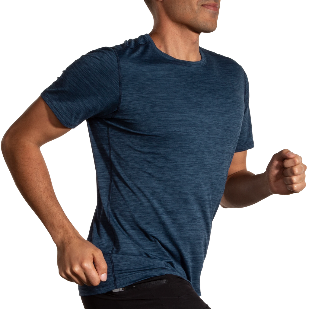 Men's Brooks Luxe Short Sleeve. Dark Blue. Lateral view.