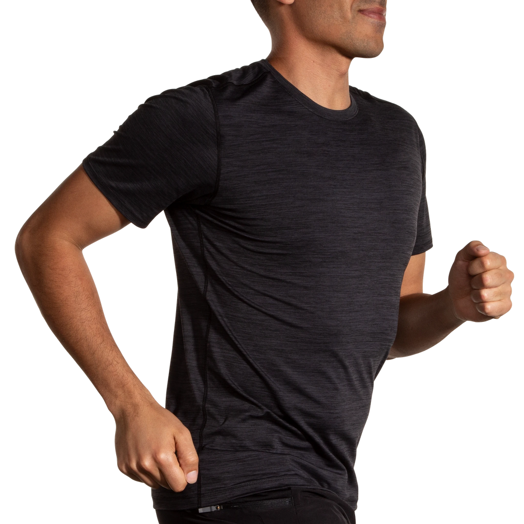 Men's Brooks Luxe Short Sleeve. Black. Lateral view.