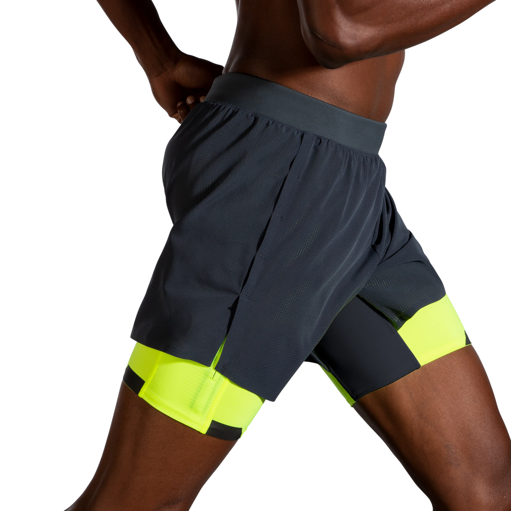 Men's Brooks Run Visible 5" 2-in-1 Shorts. Black/Yellow. Lateral view.