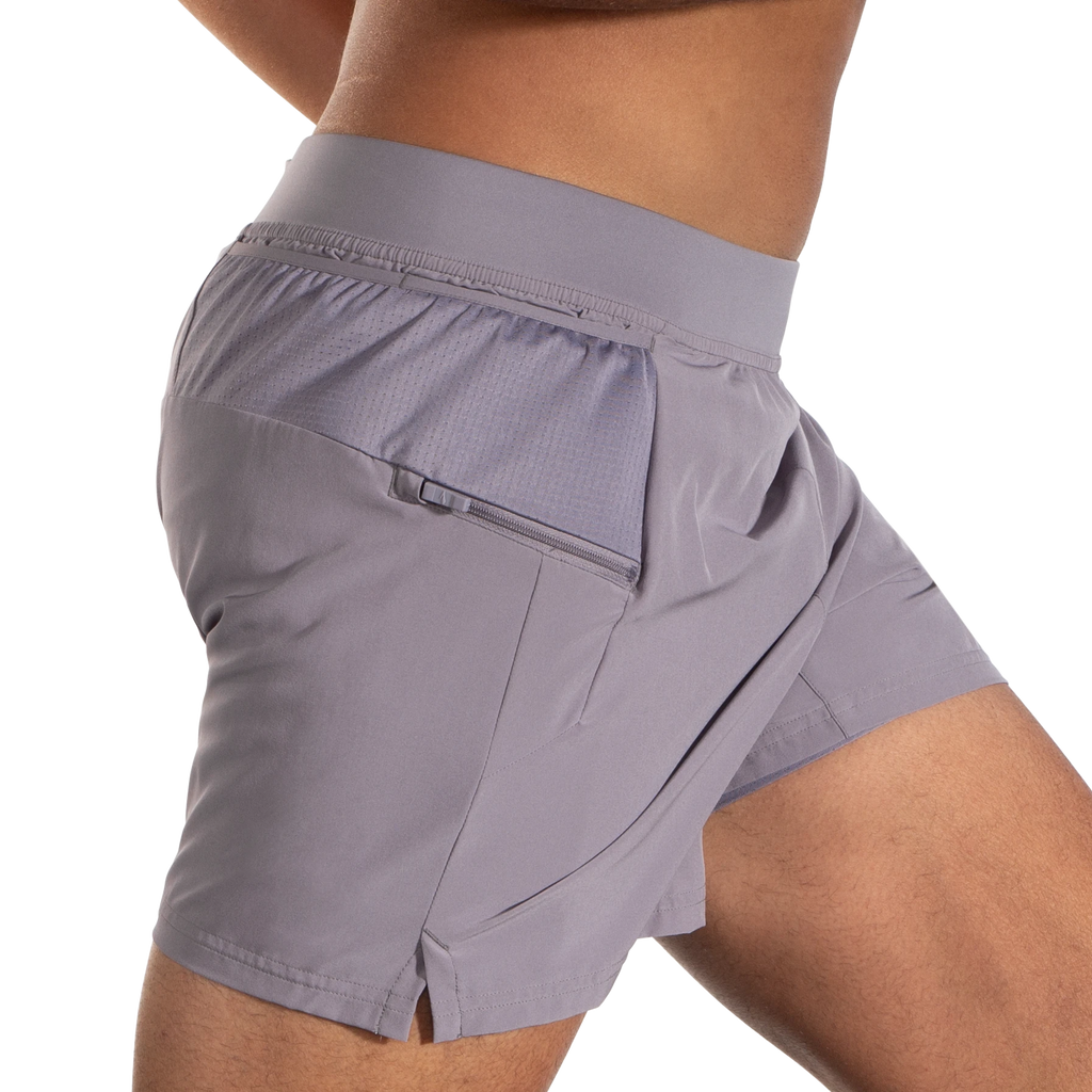 Men's Brooks Sherpa 5" 2-in-1 Shorts. Grey. Lateral view.