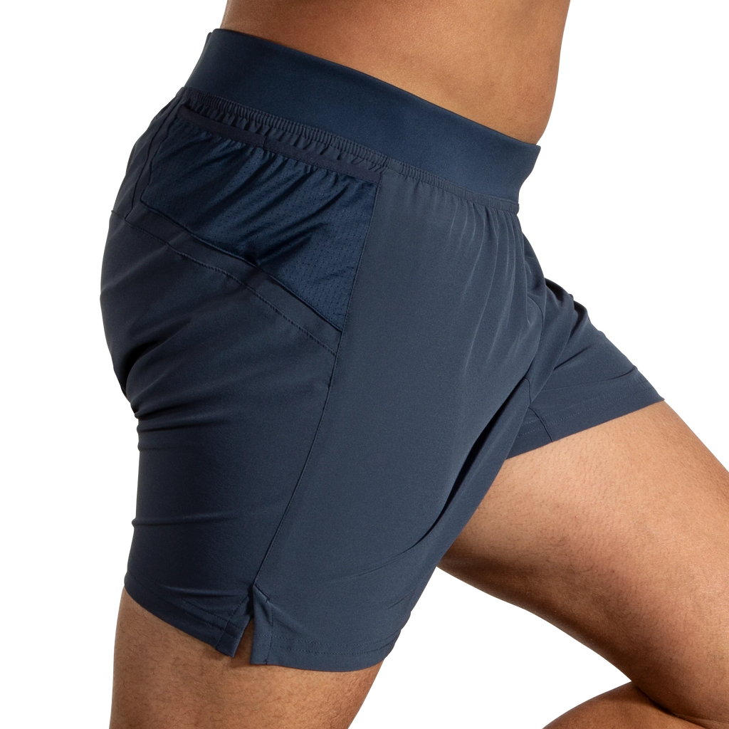 Men's Brooks Sherpa 5" Shorts. Blue/Grey. Lateral view.
