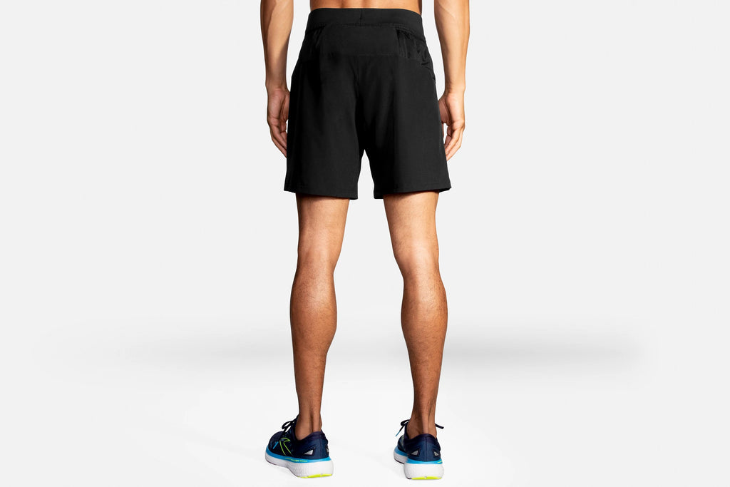Men's Brooks Sherpa 7" 2-in-1 Shorts. Black. Rear view.