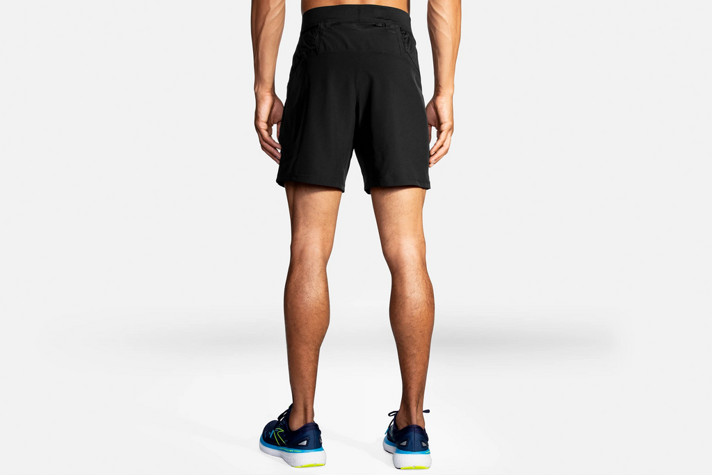 Men's Brooks Sherpa 7" Shorts. Black. Rear view.