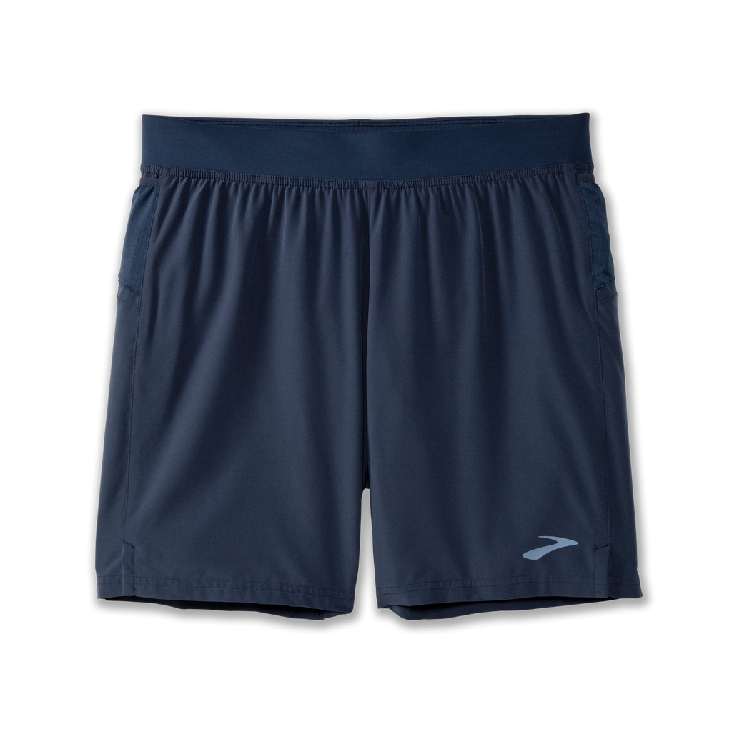 Men's Brooks Sherpa 7" Shorts. Blue/Grey. Front view.