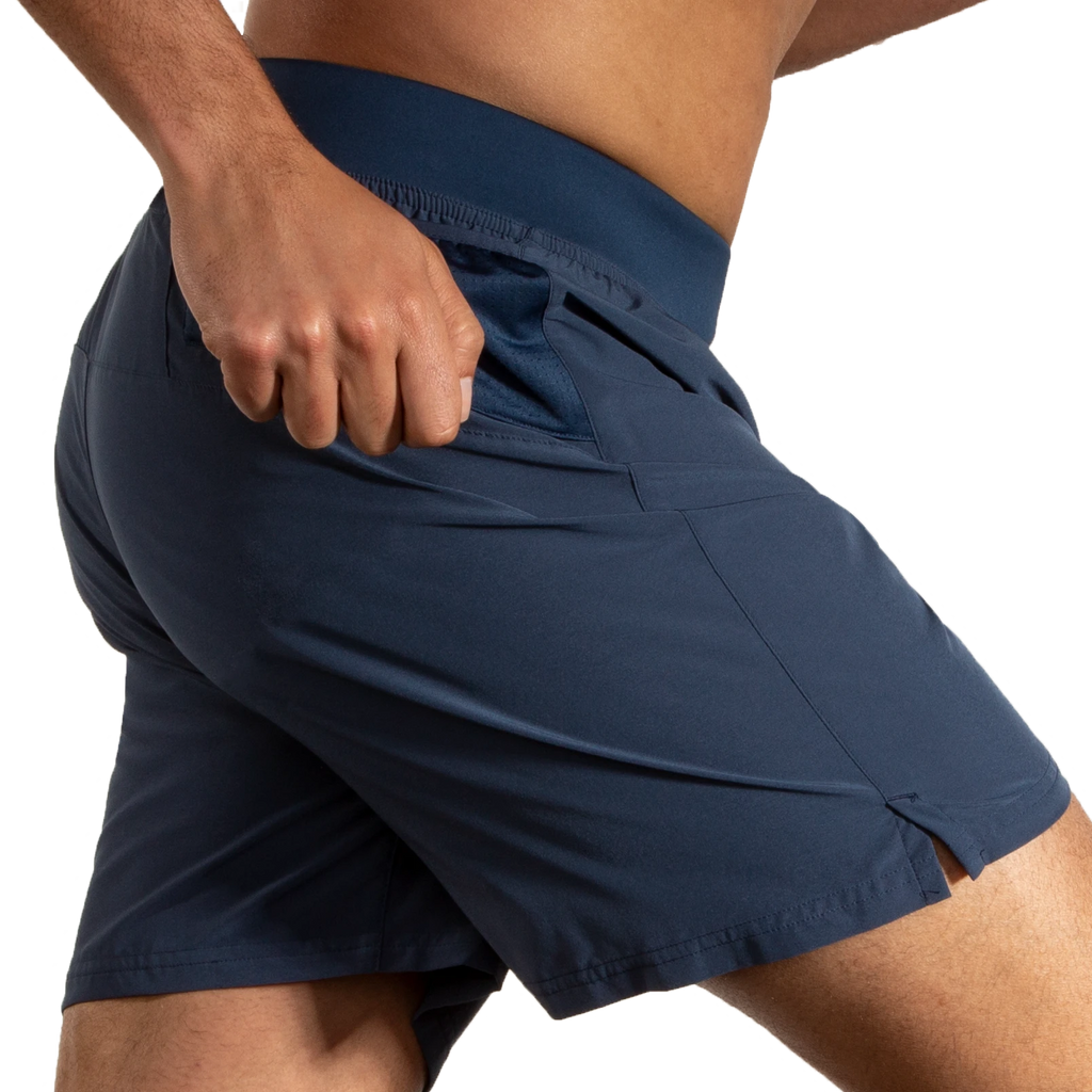 Men's Brooks Sherpa 7" Shorts. Blue/Grey. Lateral view.