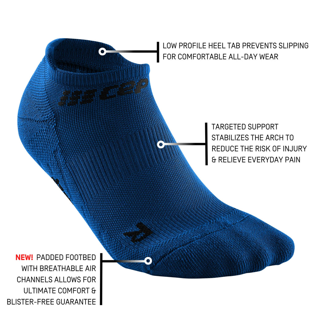 Men's CEP The Run Sock 4.0 No Show. Blue. Tech sheet.