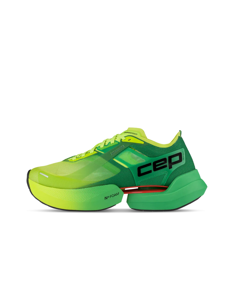Men's CEP Pro Run Omnispeed. Green/Yellow upper. Green/Yellow midsole. Lateral view.