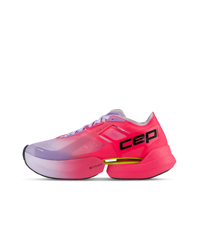 Men's CEP Pro Run Omnispeed. Pink/Purple upper. Pink/Purple midsole. Lateral view.
