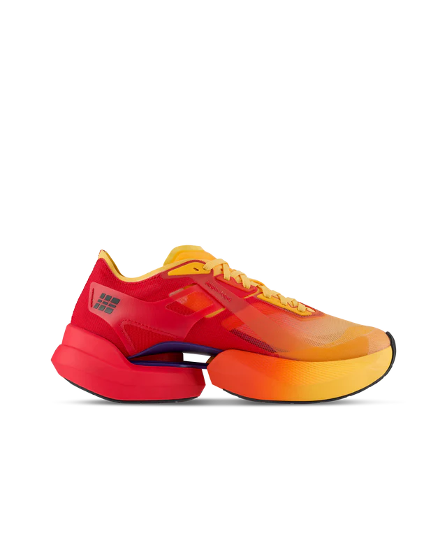 Men's CEP Pro Run Omnispeed. Red/Orange upper. Red/Orange midsole. Medial view.