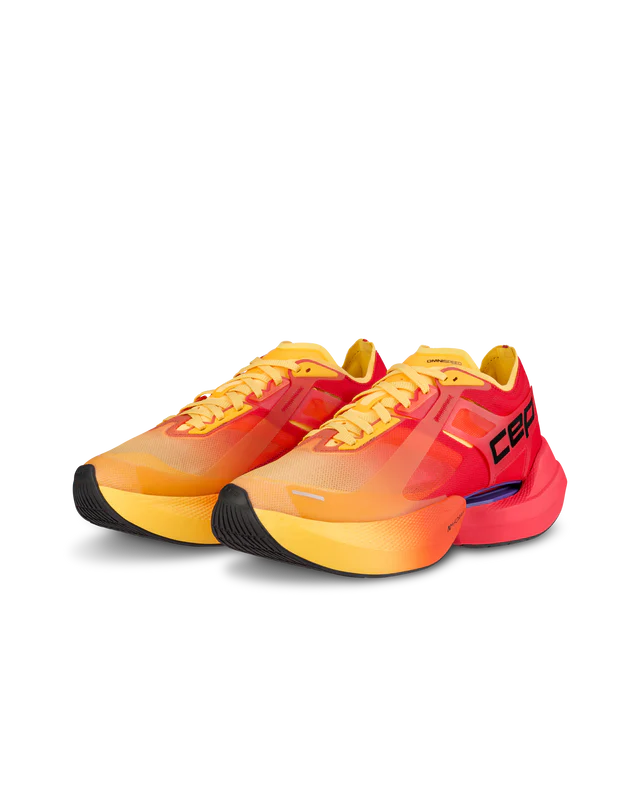 Men's CEP Pro Run Omnispeed. Red/Orange upper. Red/Orange midsole. Lateral view.
