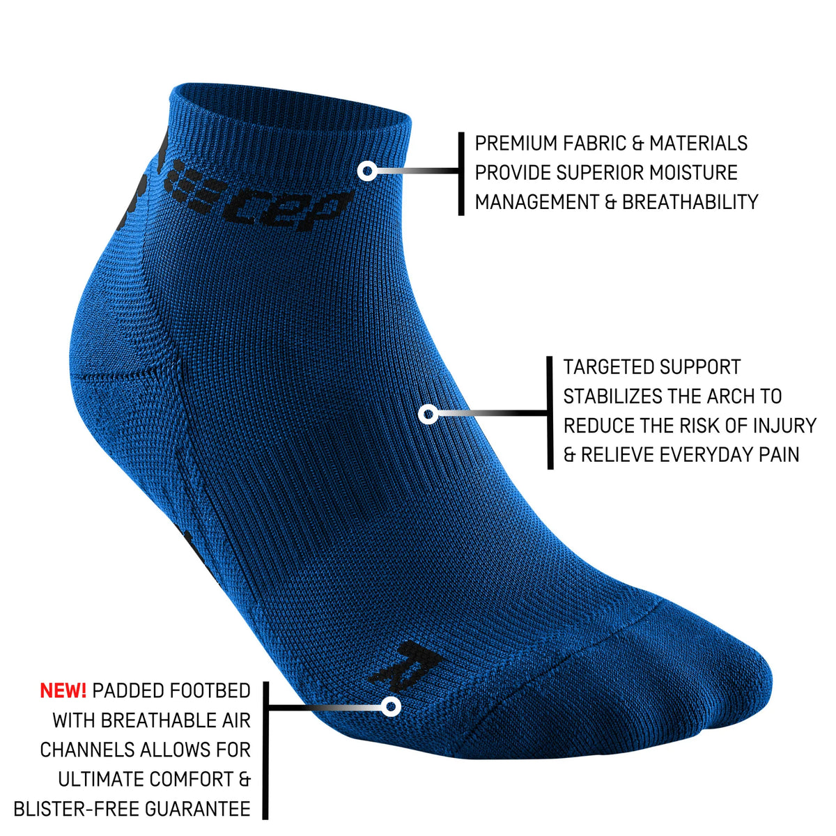 Men's CEP The Run 4.0 Low Cut Socks. Blue. Tech sheet.