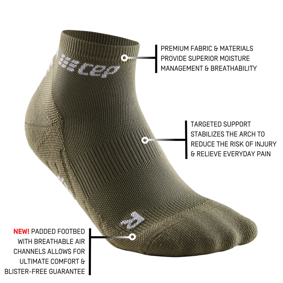 Men's CEP The Run 4.0 Low Cut Socks. Olive. Tech sheet.