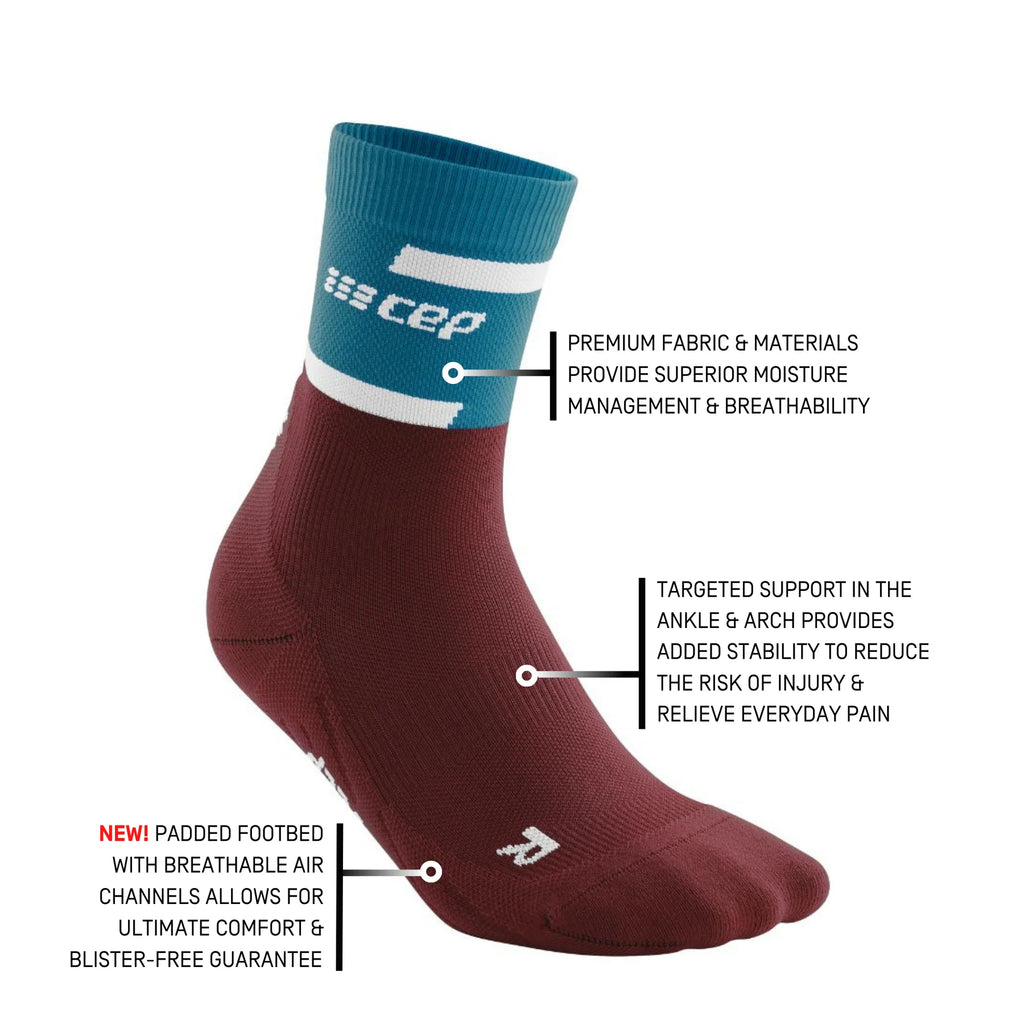 Men's CEP The Run 4.0 Mid Compression Socks. Dark Red/Blue. Tech Sheet.