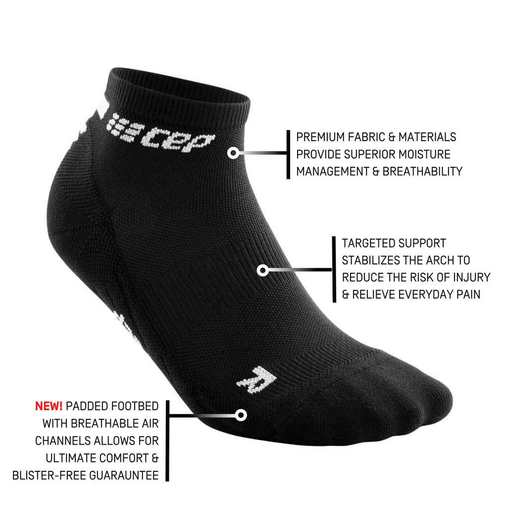 Men's CEP The Run 4.0 Low Cut Socks. Black. Tech sheet.