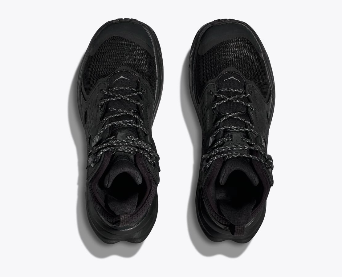 Men's Hoka Anacapa 2 Mid GTX. Black upper. Black midsole.Top view.