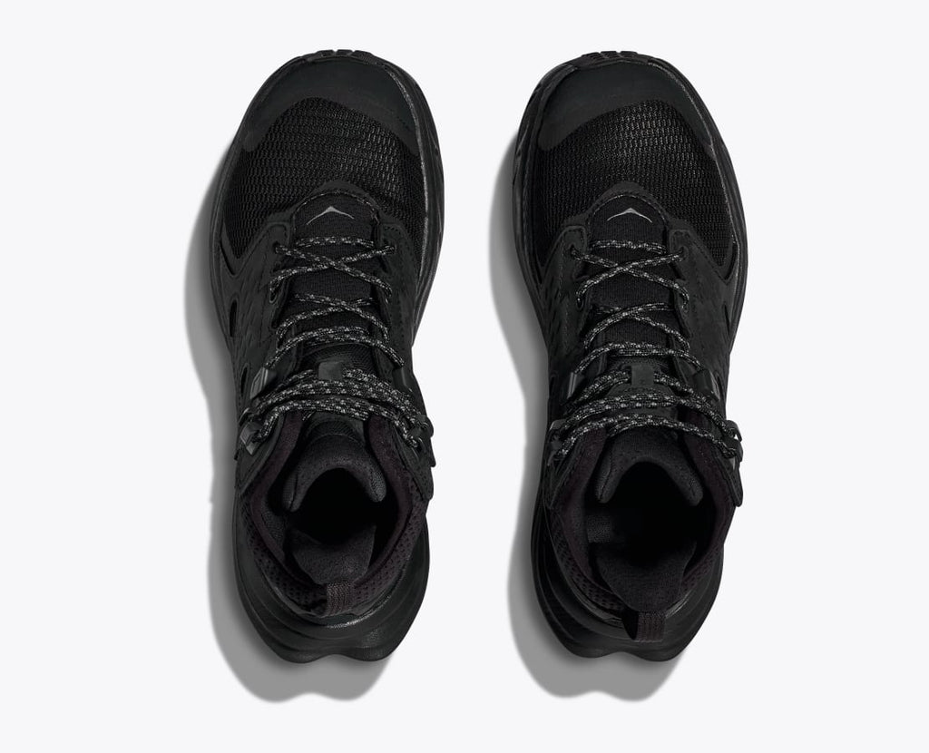 Men's Hoka Anacapa 2 Mid GTX. Black upper. Black midsole.Top view.