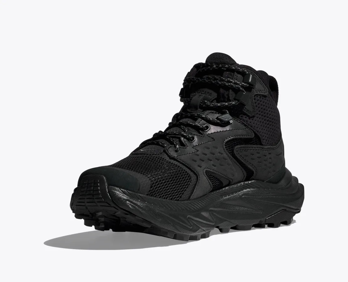 Men's Hoka Anacapa 2 Mid GTX. Black upper. Black midsole. Front/Medial view.