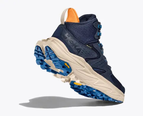 Men's Hoka Anacapa 2 MID GTX. Blue upper. Grey midsole. Rear/Lateral view.